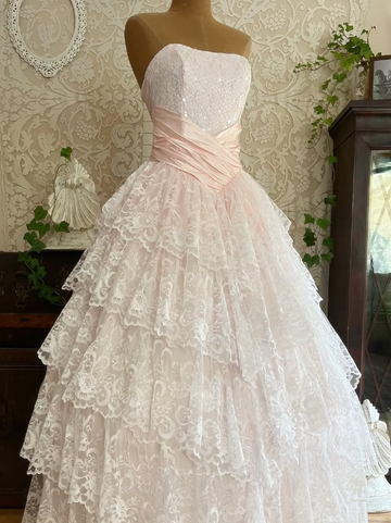 Vintage A Line Strapless Layered Lace Light Pink Satin Long Prom Dress Evening Dress HZ1023